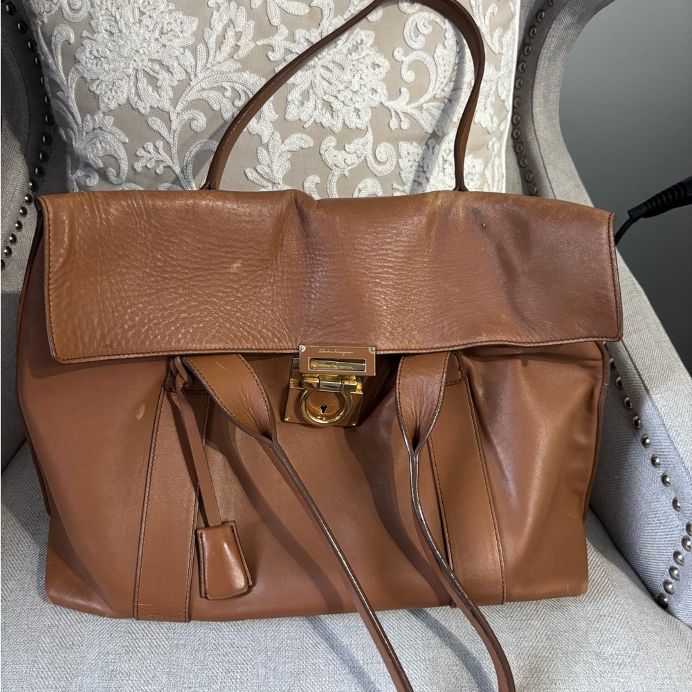 Salvatore Ferragamo Brown Shoulder Bag with Gold-Tone Lock